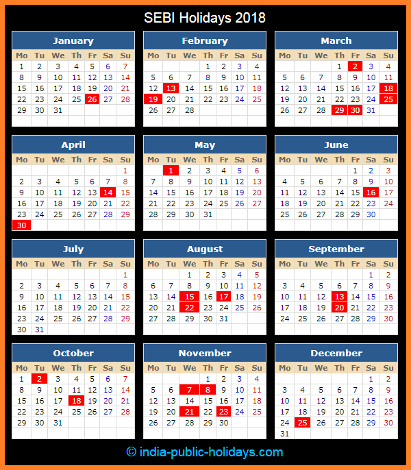 SEBI Holiday Calendar 2018